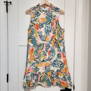THML Sleeveless Mini Dress, Small, Colorful, Boho, Leaf Print, Ruffle, Tropical